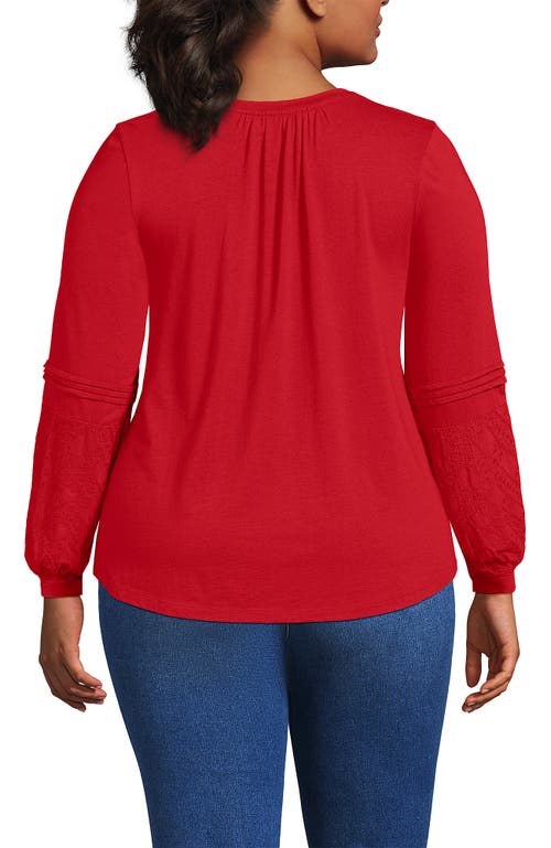 Lands' End Plus Size Lightweight Jersey Lace Mix Long Sleeve Pintuck Top In Red