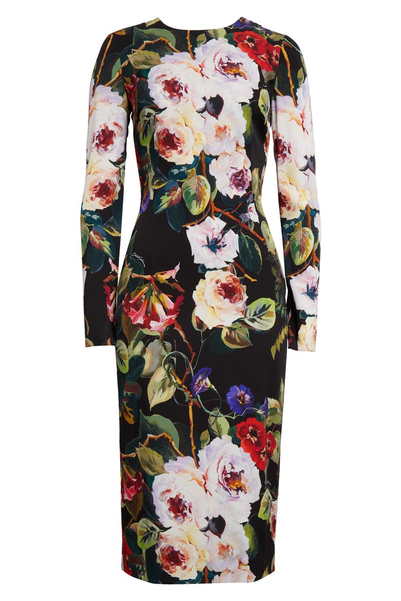 Floral Print Long Sleeve Charmeuse Sheath Dress, Alternate, color, NERO