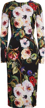 Dolce&Gabbana Floral Print Long Sleeve Charmeuse Sheath Dress
