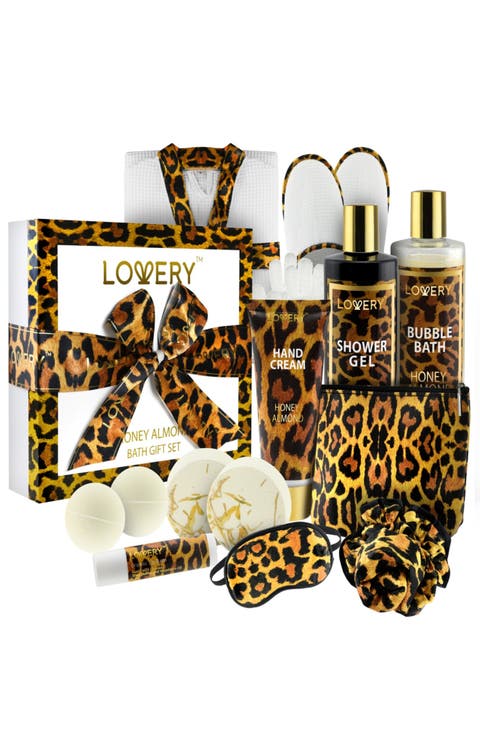 Luxe Leopard Honey Almond Bath Gift Box - 17Pc Home Spa Kit
