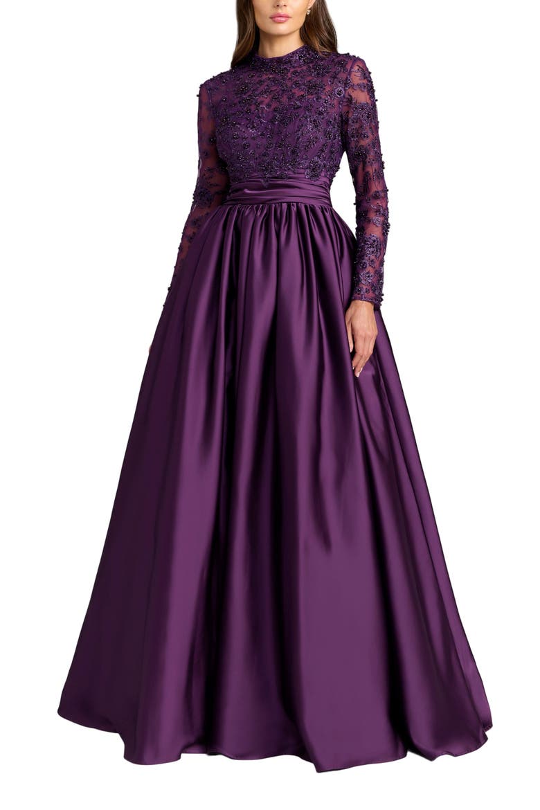 Embroidered Long Sleeve Satin Ball Gown, Main, color, Aubergine