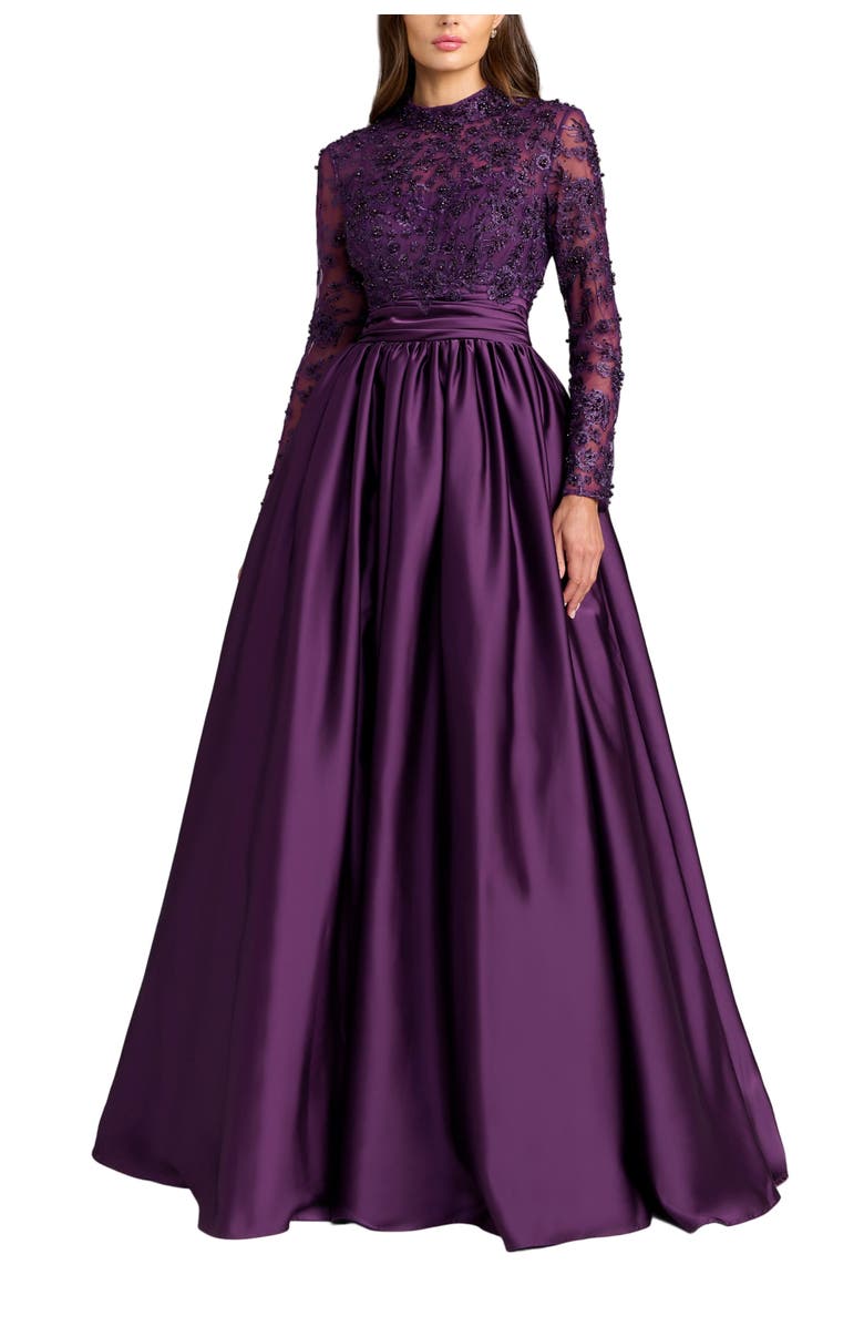 Mac Duggal Embroidered Long Sleeve Satin Ball Gown, Main, color, Aubergine