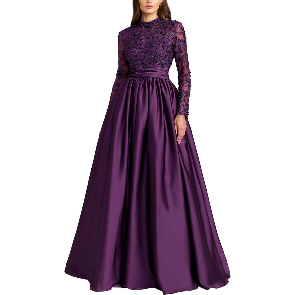 Mac Duggal Embroidered Long Sleeve Satin Ball Gown In Purple