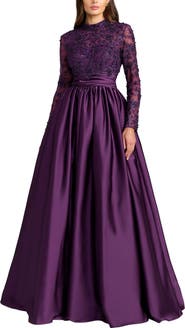 Mac Duggal Embroidered Long Sleeve Satin Ball Gown
