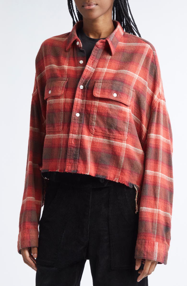 R13 Plaid Cotton Flannel Crop Work Shirt, Alternate, color, Red / Black / Cream Plaid