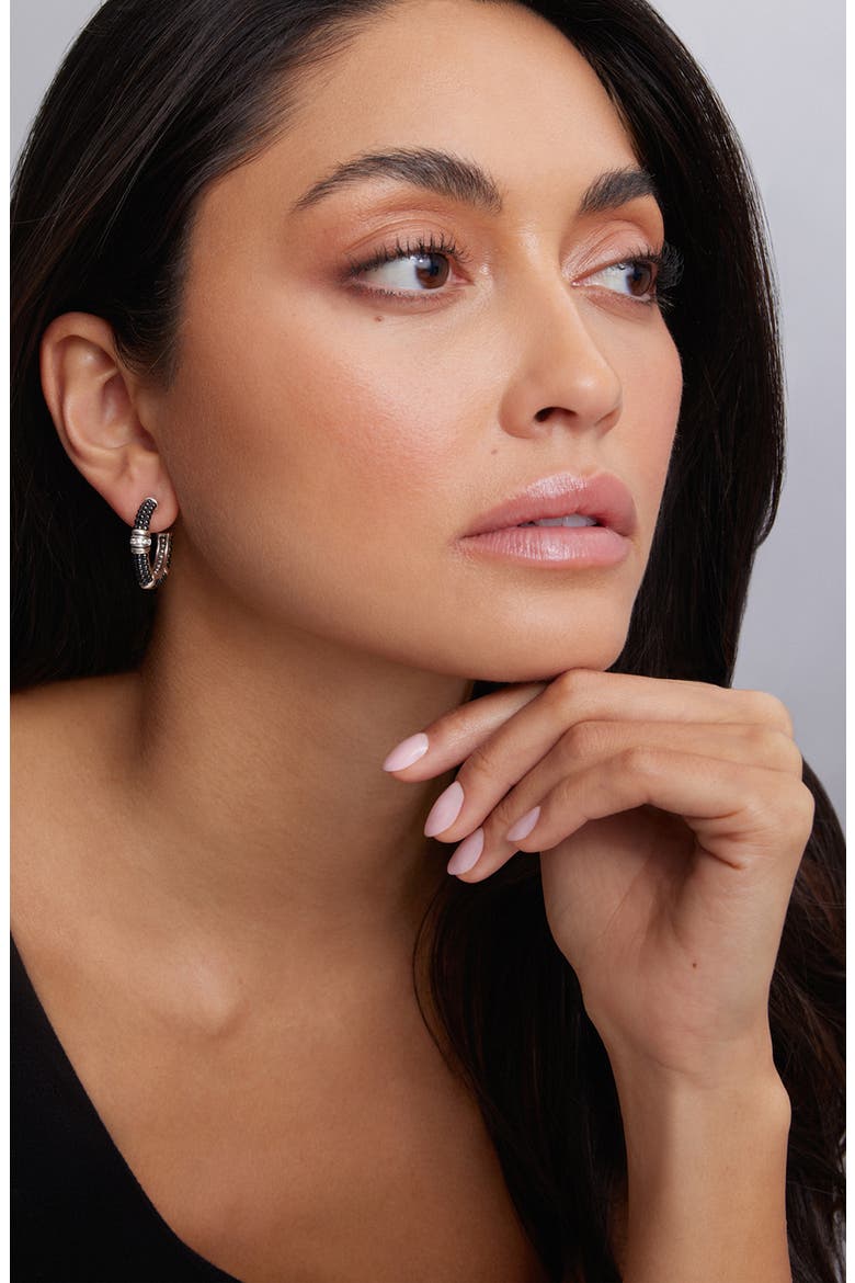 Black Caviar Diamond Hoop Earrings, Alternate, color, SILVER/ BLACK CERAMIC/ DIAMOND
