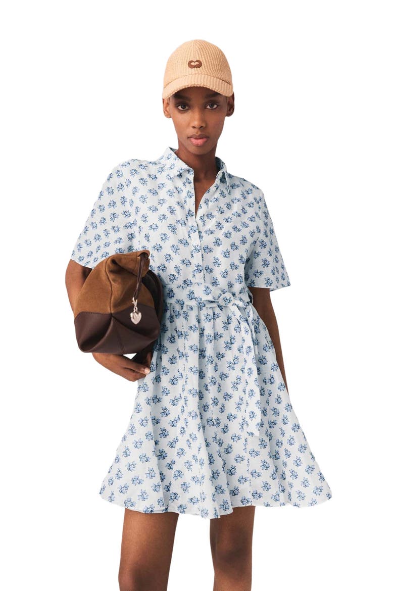 Short patterned linen-blend dress, Alternate, color, Blue small flowers print