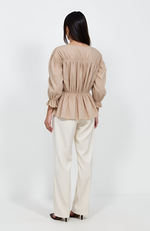 Modenaire Gathered Peplum Tie-front Puff-sleeve Blouse In Nude