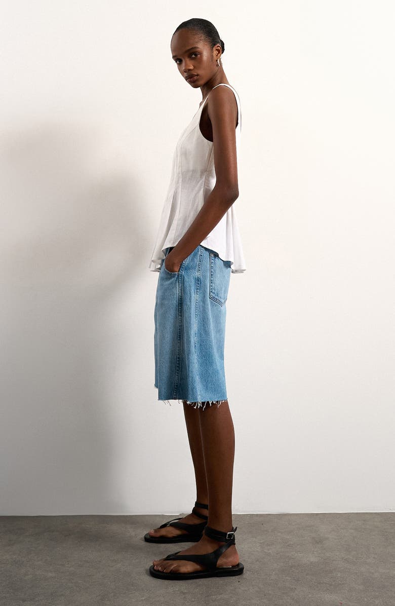 Topshop Pleated Curve Hem Linen Blend Top, Alternate, color, Ivory