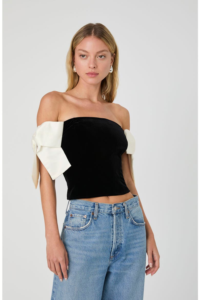 Carey Satin Bow Detail Off the Shoulder Velvet Crop Top, Alternate, color, BLACK-PORCELAIN CREAM