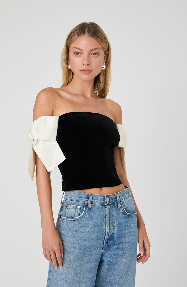 French Connection Carey Satin Bow Detail Off the Shoulder Velvet Crop Top, Alternate, color, 