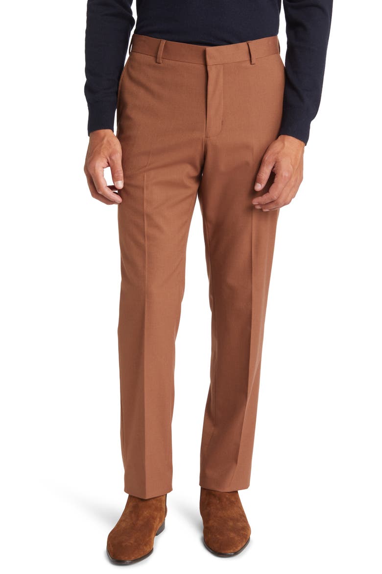 Trim Fit Stretch Flat Front Trousers, Main, color, RUST ARGAN OIL