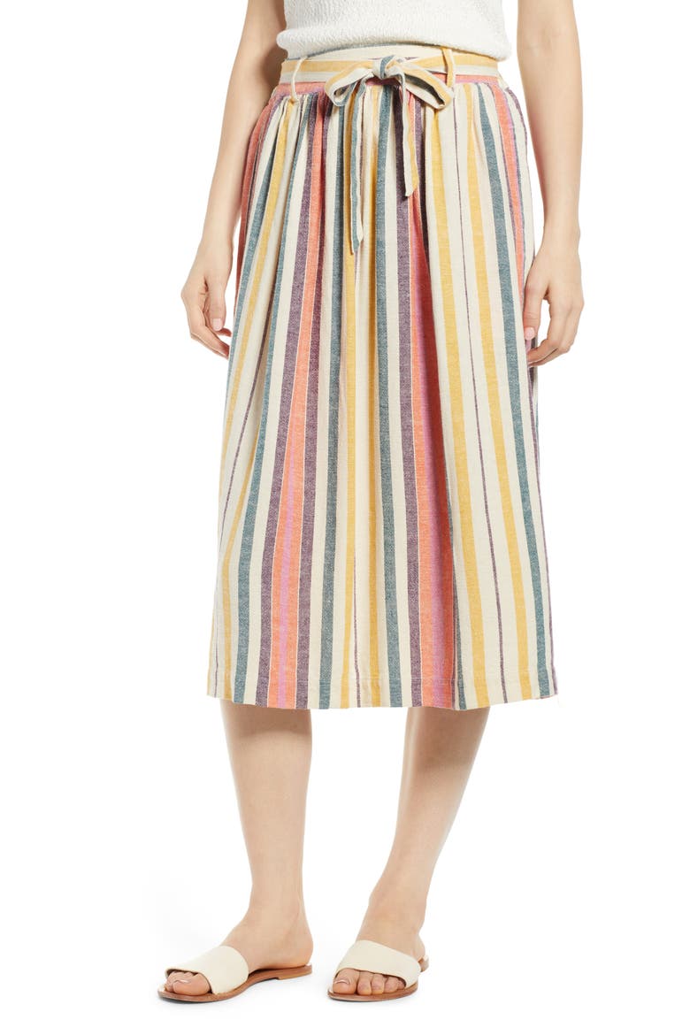 Tie Belt Stripe Midi Skirt, Main, color, IVORY DOVE NALA STRIPE