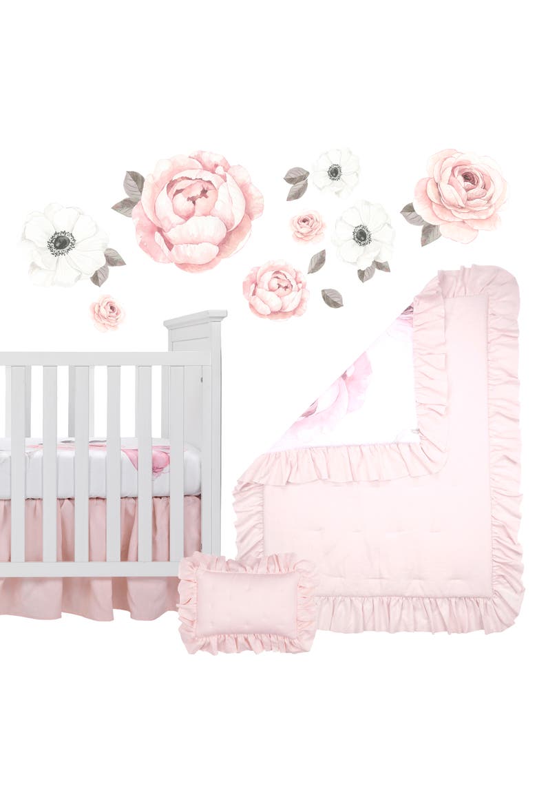 Floral Garden Watercolor Linen 5-Piece Baby Crib Bedding Set, Main, color, Pink