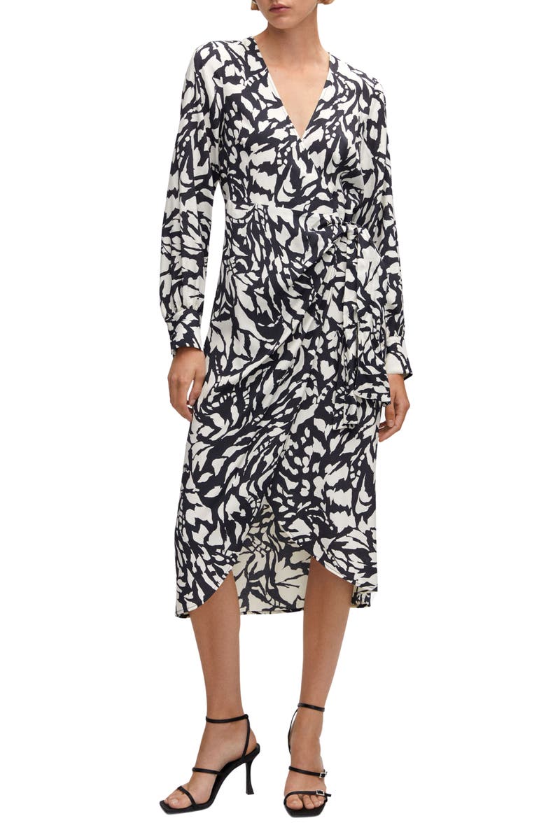 MANGO Print Long Sleeve Wrap Dress, Main, color, Black