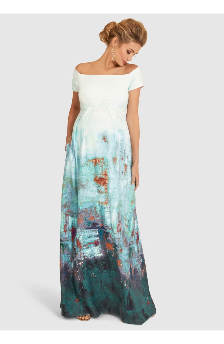 Tiffany Rose Maternity Aria Off Shoulder Maternity Gown, Main, color, Aquatic Ombre