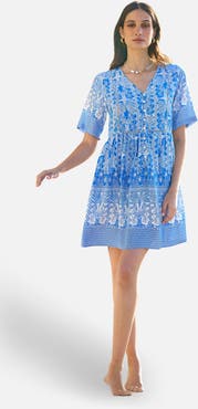 Yumi Short Sleeve V-Neck Palm Relaxed Dress