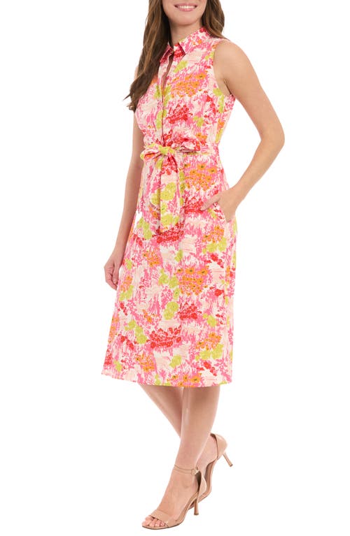 London Times Floral Sleeveless Linen Blend Midi Shirtdress In Pink Multi