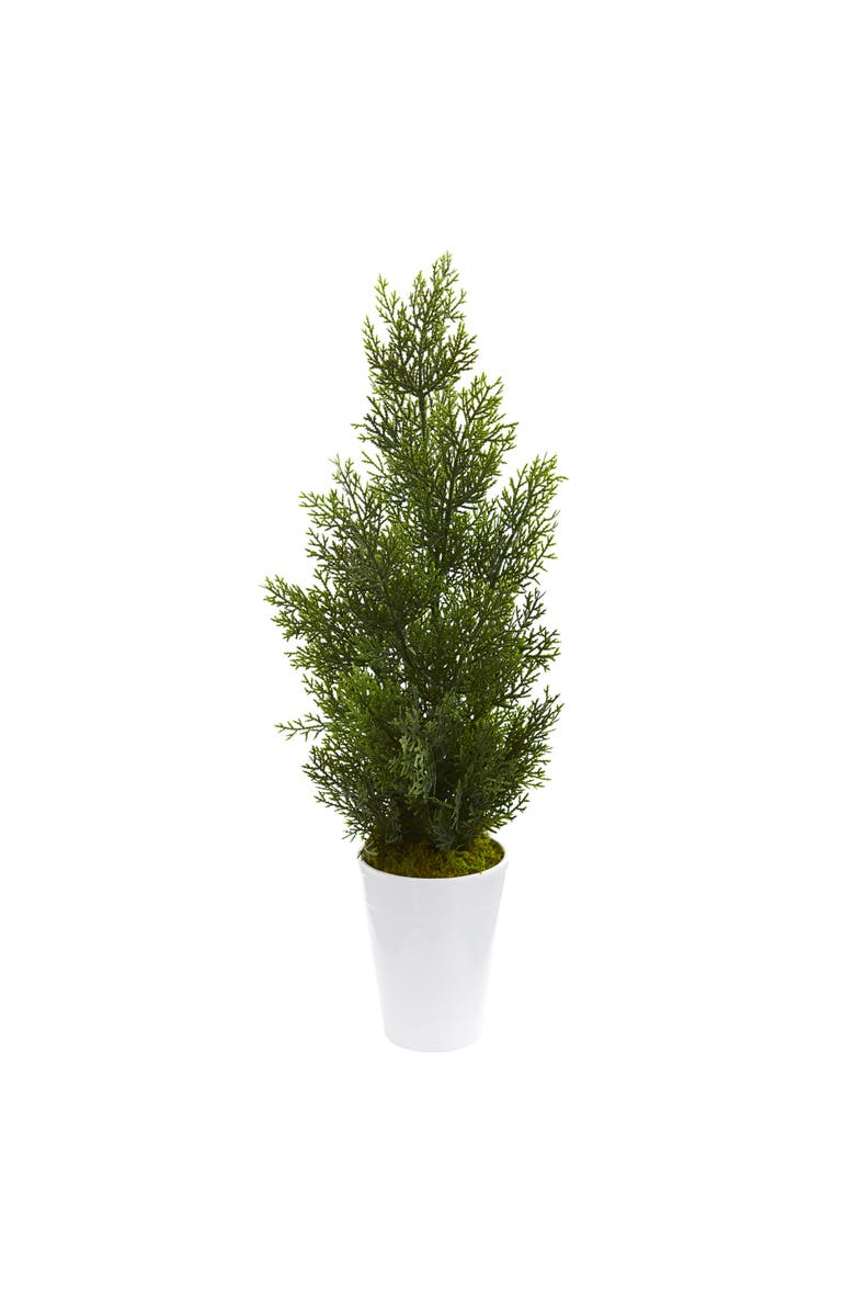 NEARLY NATURAL 27-in Mini Cedar Artificial Pine Tree in Decorative Planter, Main, color, Green