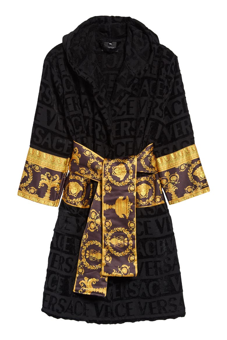 Kids' Barocco Logo Hooded Bath Robe, Main, color, NERO