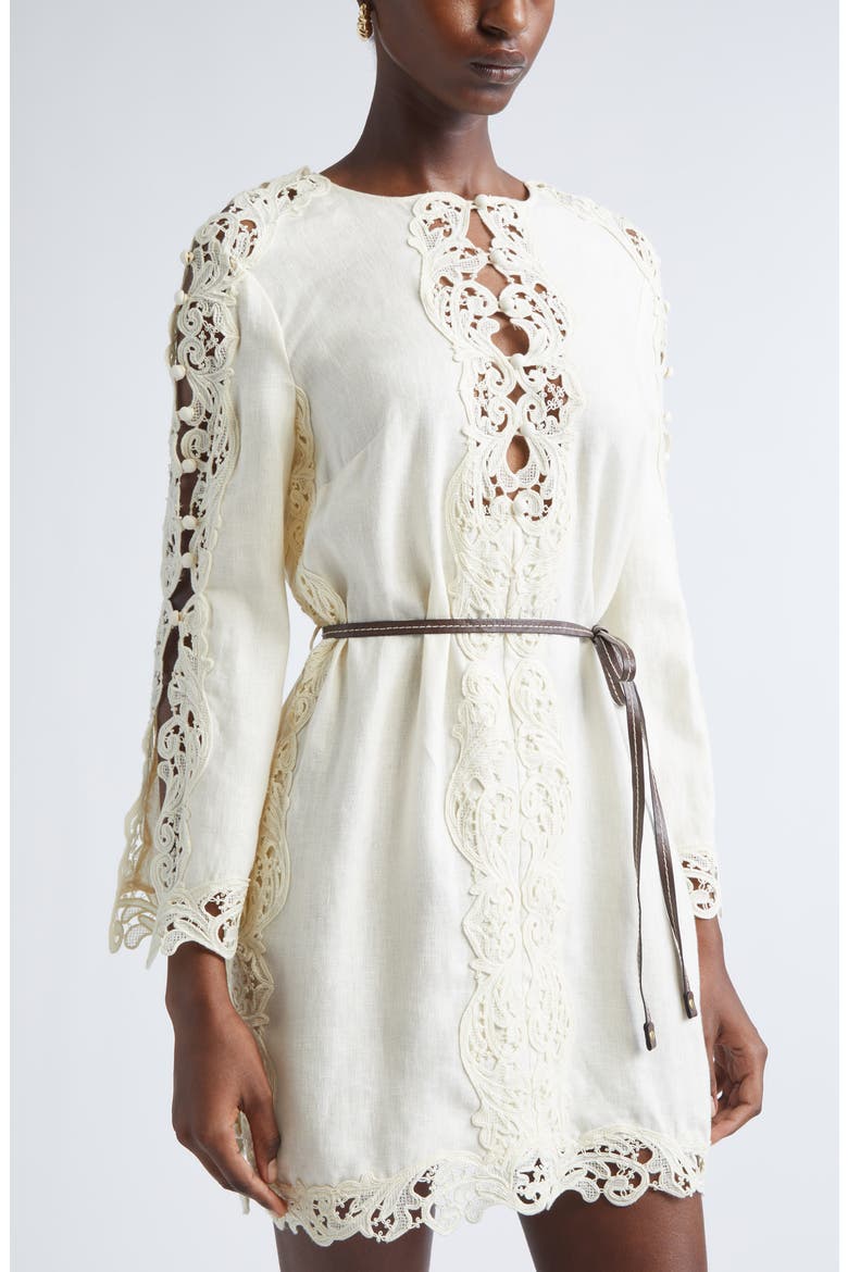 Awaken Long Sleeve Lace Trim Linen Minidress, Alternate, color, CREAM