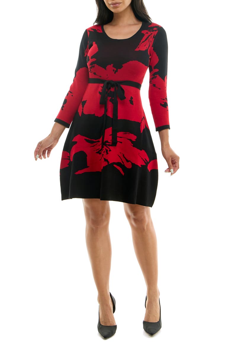 Jacquard Fit & Flare Sweater Dress, Main, color, BLACK/ RED