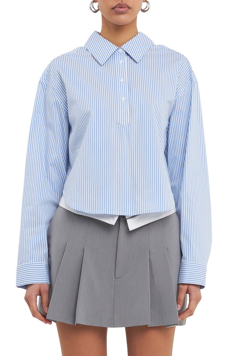 Pinstripe Crop Shirt, Main, color, BLUE