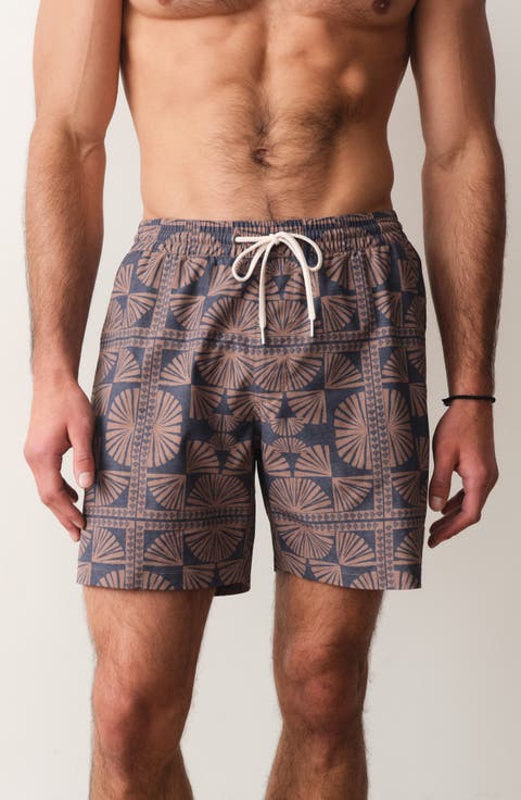 Geo Fan Print Lined Swim Trunks