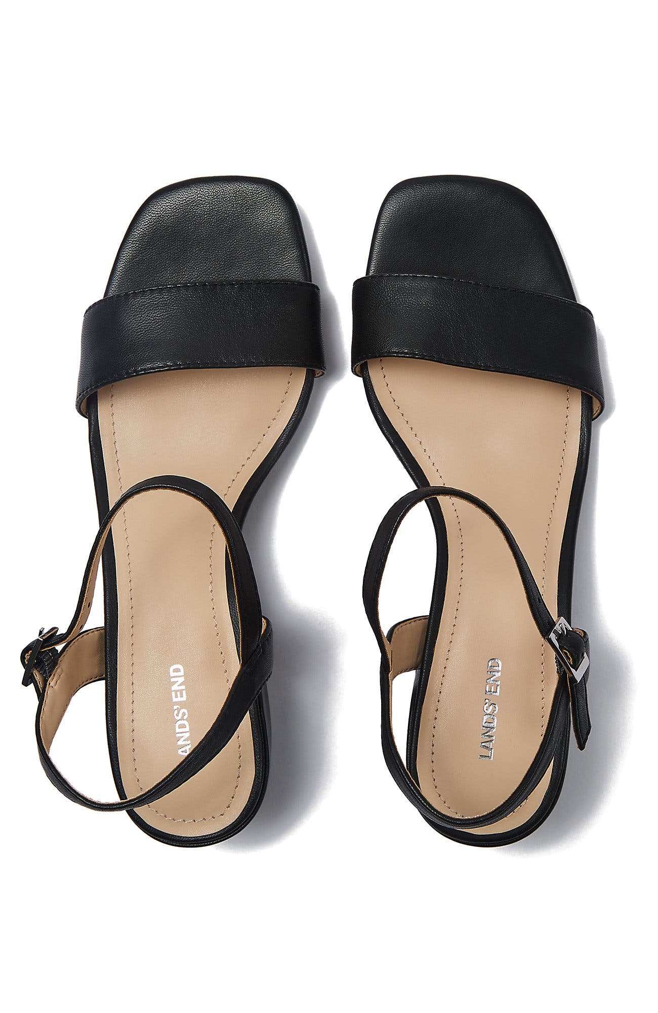 Lands' End Essential Leather Block Heel Sandals, Alternate, color, Black