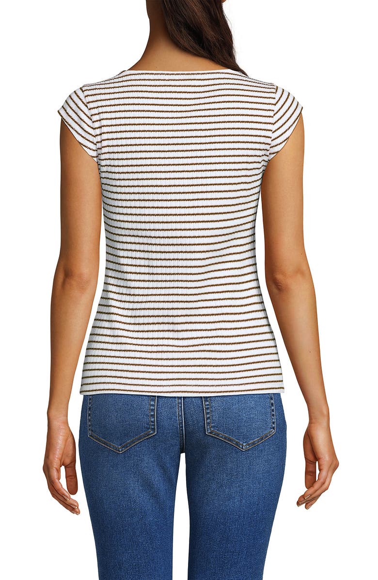 Lands' End Pointelle Cap Sleeve Top, Alternate, color, White/Coriander Easy Stripe