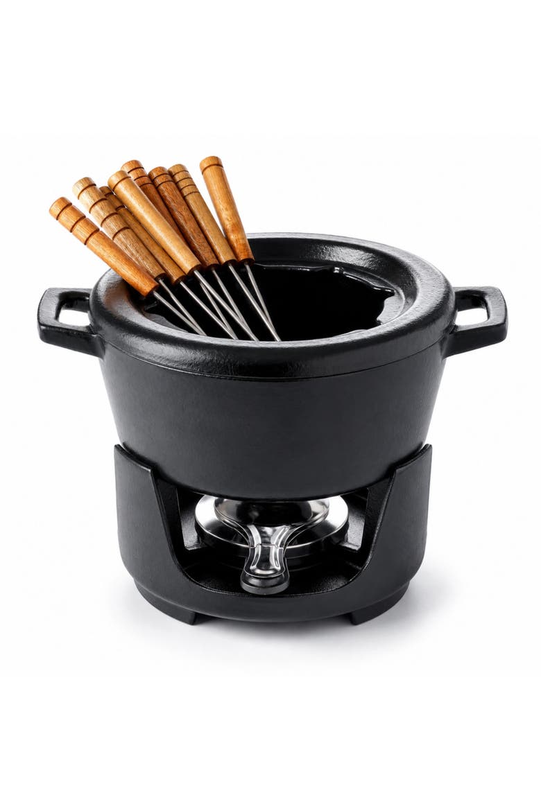 Nori Enameled Cast Iron Fondue Set, 8-Piece, 2-Qt., Main, color, Black