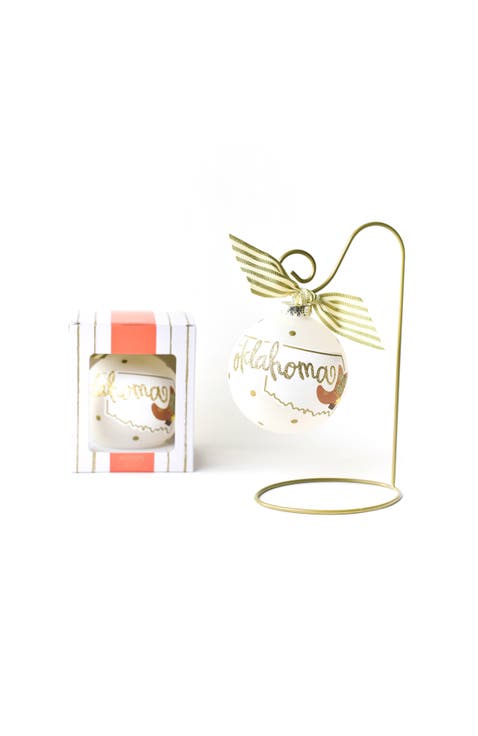 Oklahoma Motif Glass Ornament & Gold Swirl Stand