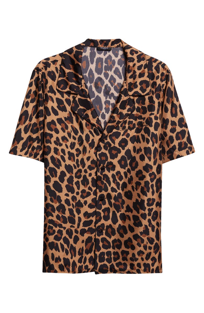 Balmain Leopard Print Silk Button-Up Pyjama Shirt, Alternate, color, Gba Beige/ Black