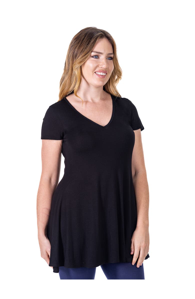 24seven Comfort Apparel Short Sleeve Loose Fit Tunic Top with V-Neck, Alternate, color, Black