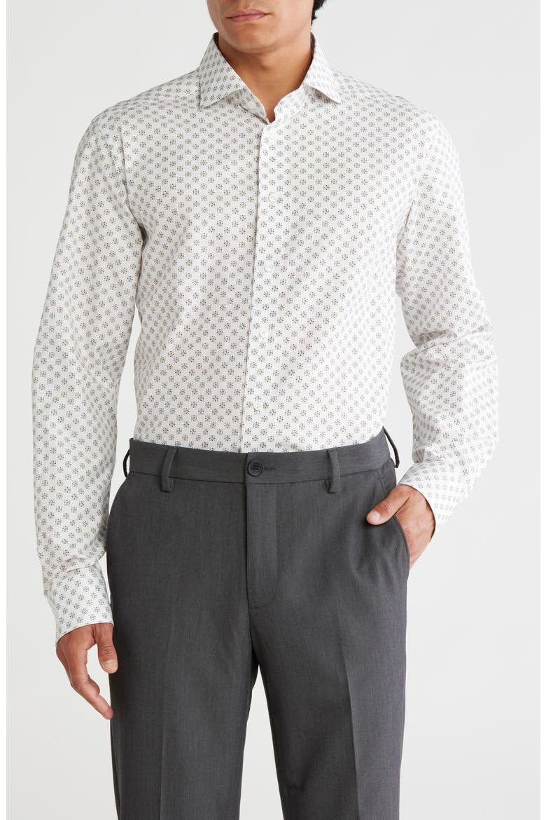 Contemporary Fit Geometric Cotton & Linen Blend Dress Shirt, Main, color, BLUE