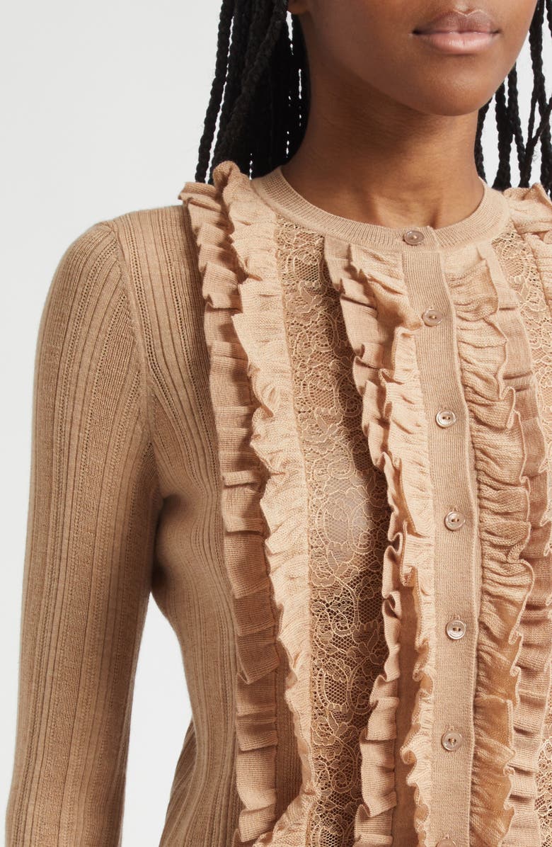 Ulla Johnson Maryel Ruffle & Lace Merino Wool Cardigan, Alternate, color, Camel Melange