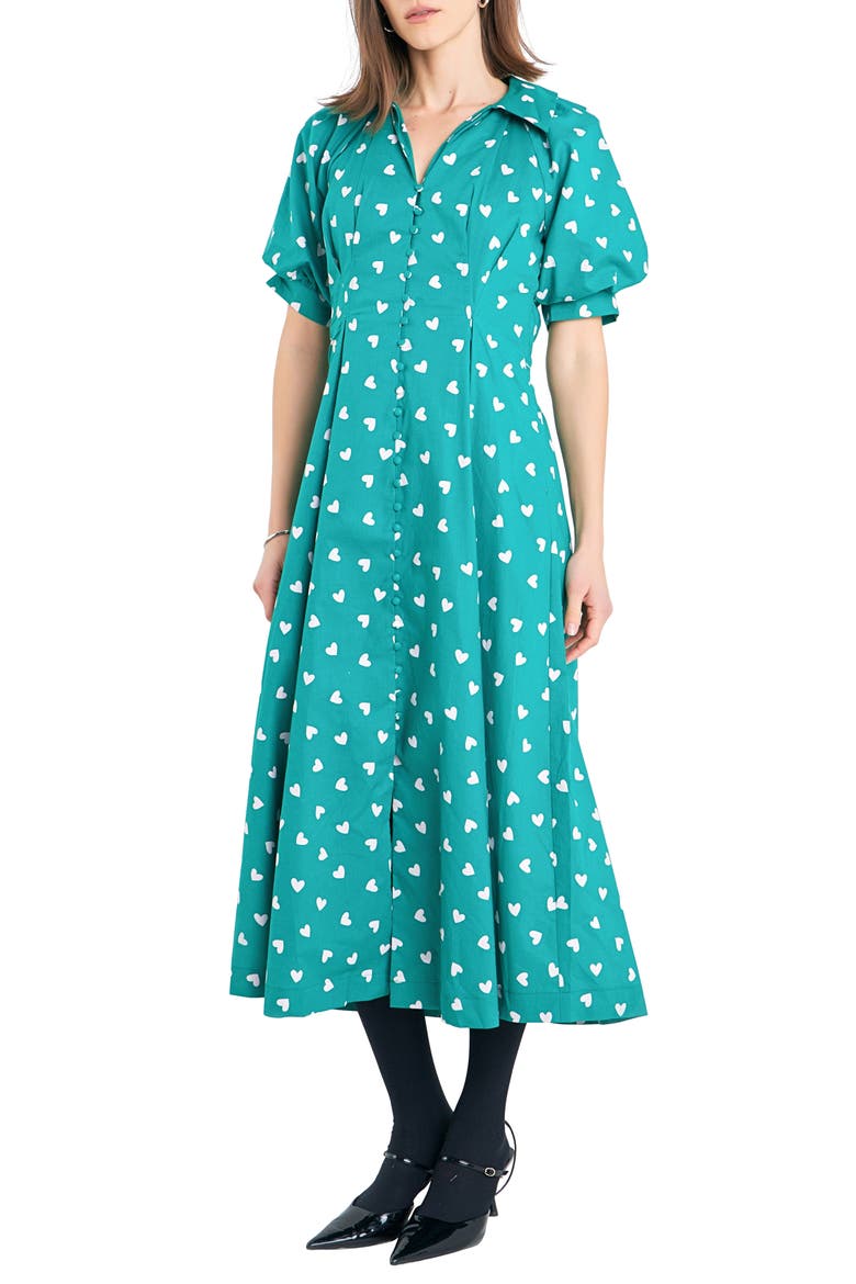 Heart Print Cotton Midi Dress, Alternate, color, GREEN
