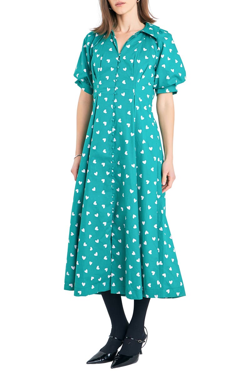 English Factory Heart Print Cotton Midi Dress, Alternate, color, Green