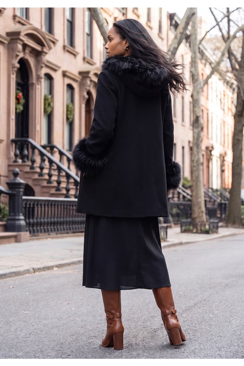 Hooded Faux Fur Trim Coat, Alternate, color, BLACK