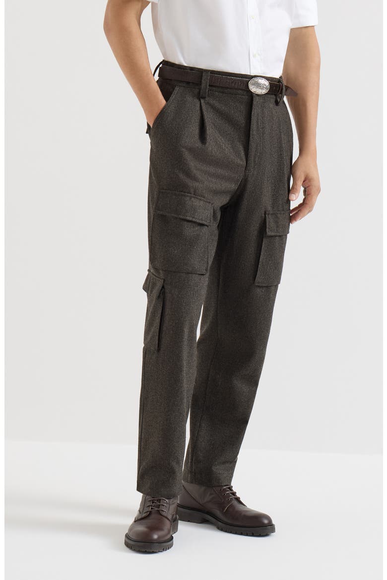 Virgin wool flannel trousers with cargo pockets and waist tabs, Main, color, Brown