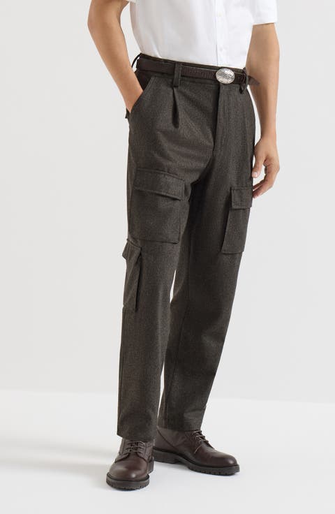 Virgin wool flannel trousers with cargo pockets and waist tabs