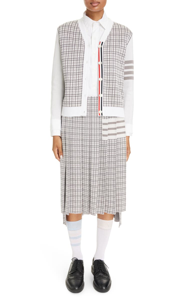 Thom Browne 4-Bar Small Check Drop Back Silk & Cotton Pleated Skirt, Alternate, color, 