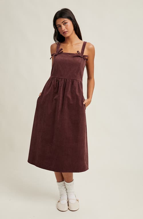 Wishlist Corduroy Bow Strap Overalls Midi Dress In Brown