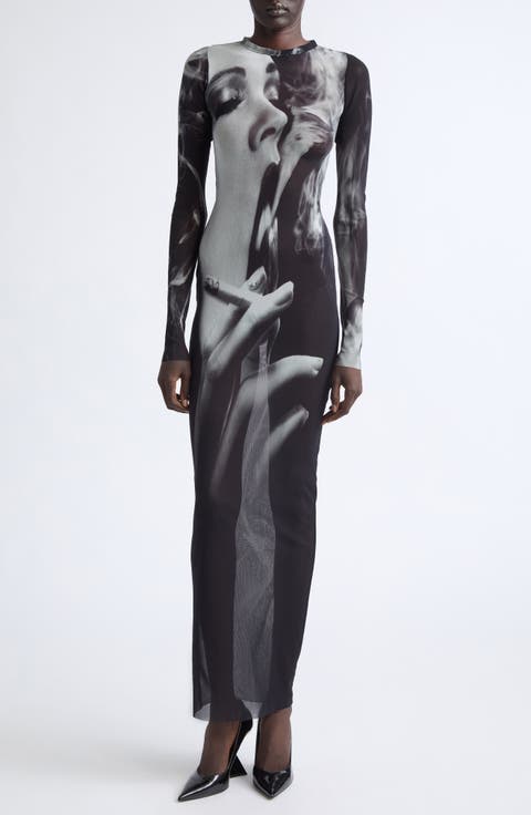 Smoking Graphic Long Sleeve Mesh Body-Con Dress