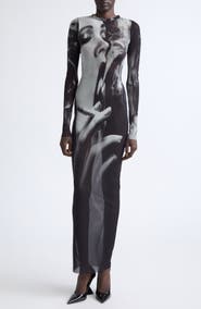 Jean Paul Gaultier Smoking Graphic Long Sleeve Mesh Body-Con Dress