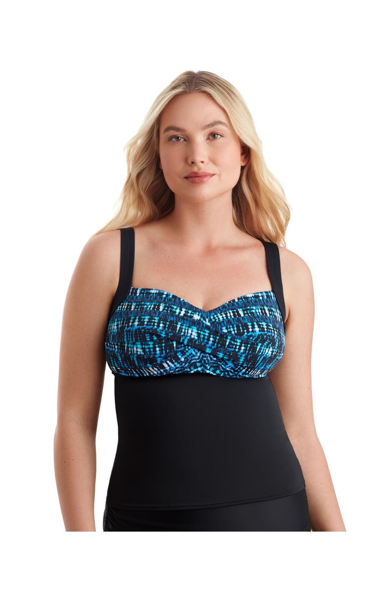 ShapeSolver Sport Twist Bra Chlorine Resistant Tankini Swimsuit Top, Main, color, Blue Tribal Stripe