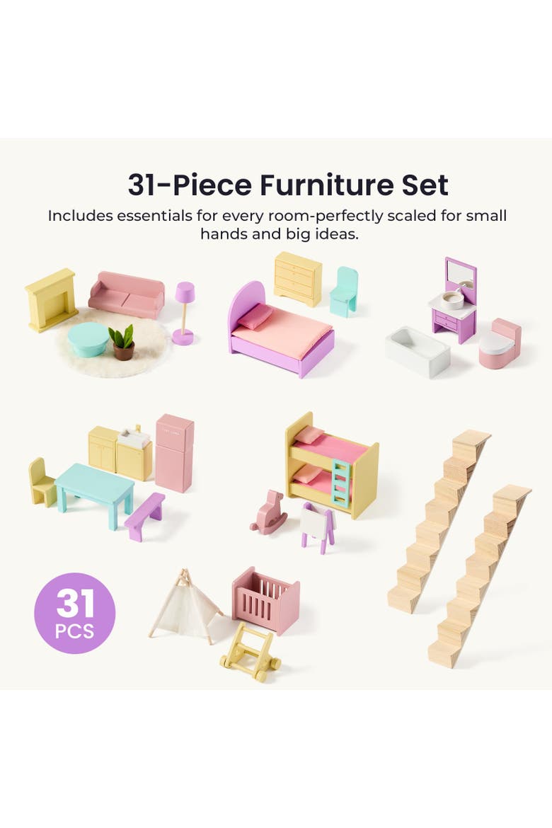 6 Room Wooden Dollhouse Set with 31 Piece Furniture for Kids, Alternate, color, Multicolor