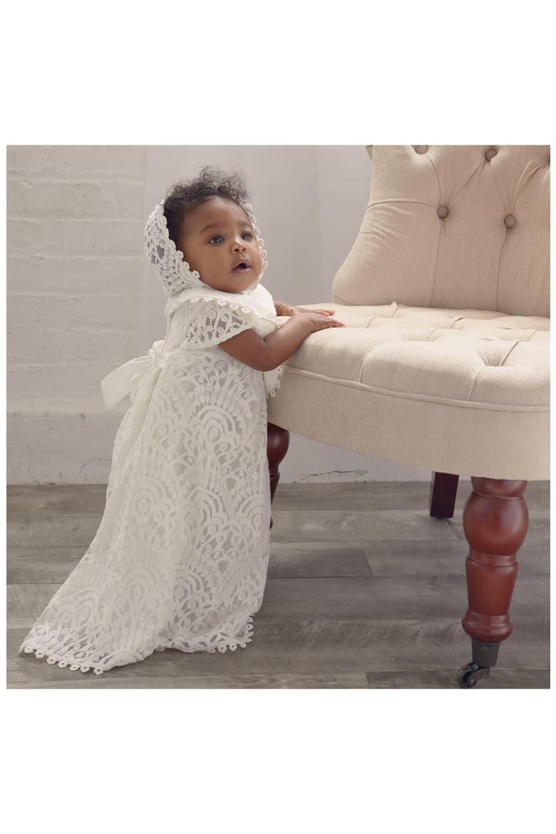 4-Piece All Lace Christening Set with Bonnet & Bib, Alternate, color, OFF WHITE