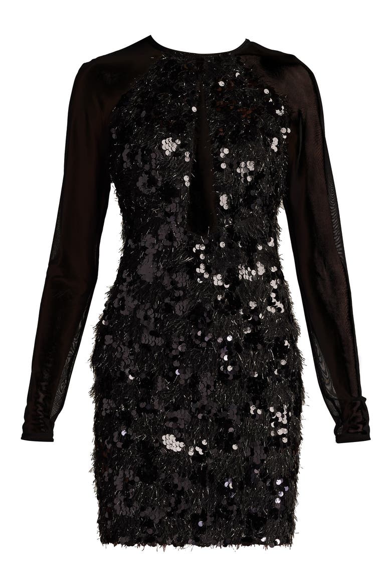 Sequin & Metallic Fringe Long Sleeve Cocktail Minidress, Alternate, color, BLACK