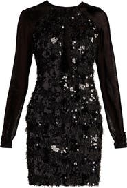 SHO by Tadashi Shoji Sequin & Metallic Fringe Long Sleeve Cocktail Minidress
